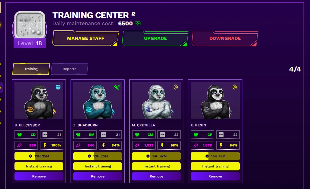 Lazy Football Training Center Level 18 with 4 training slots and player cards